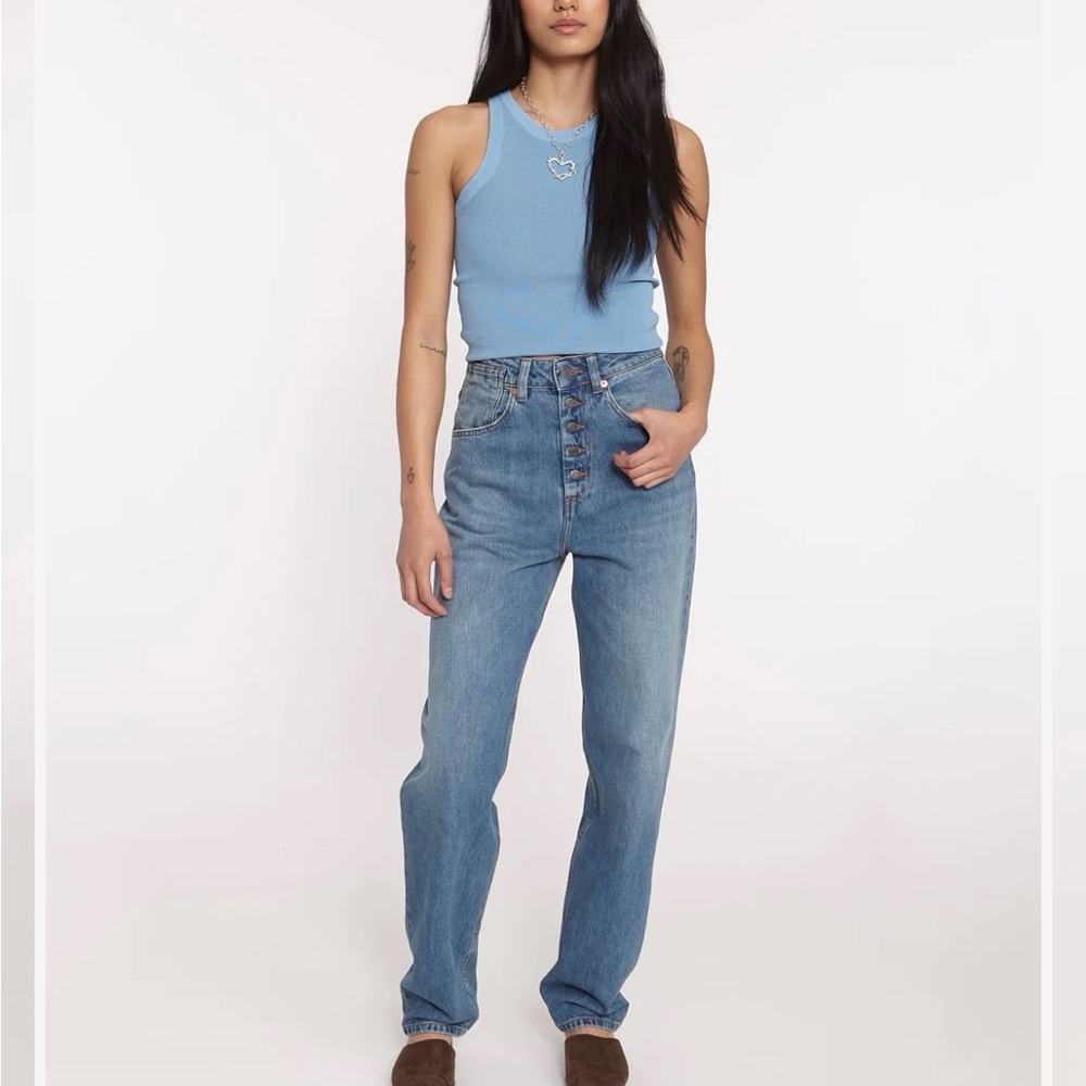 High-Rise Button-Fly Straight Jeans in Light Blue